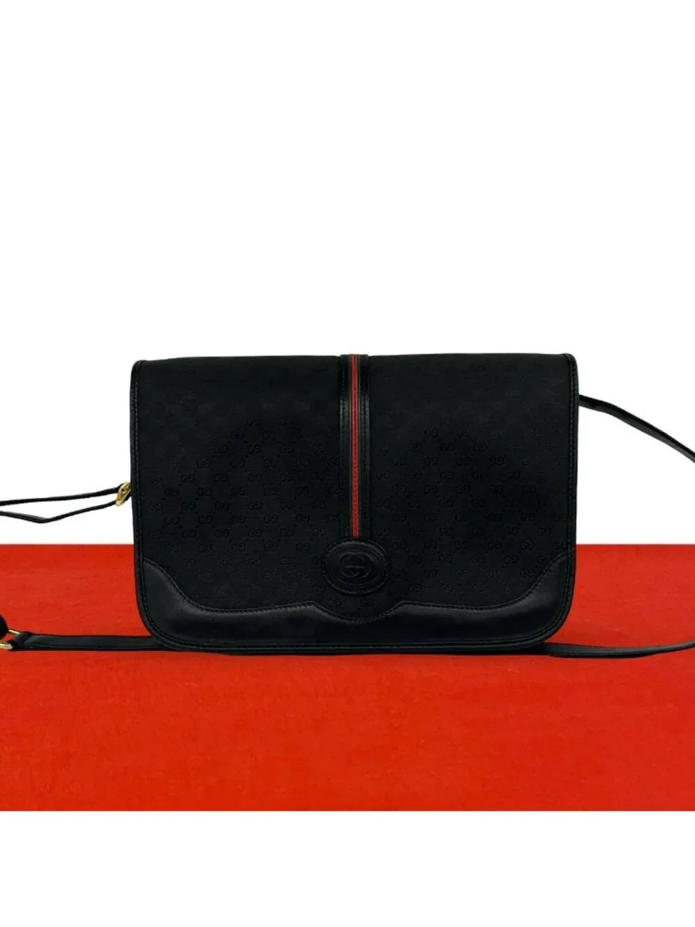 Gucci Vintage Sherry Line Micro GG Logo Leather Shoulder Bag Pochette Black